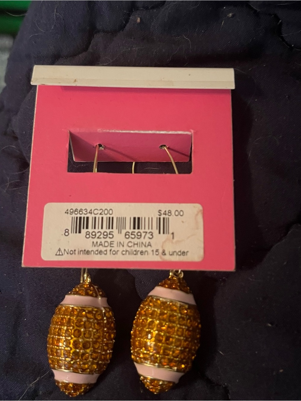 Betsey Johnson Pink and Amber Crystal Football Theme Drop Earrings NWT - Picture 3 of 3